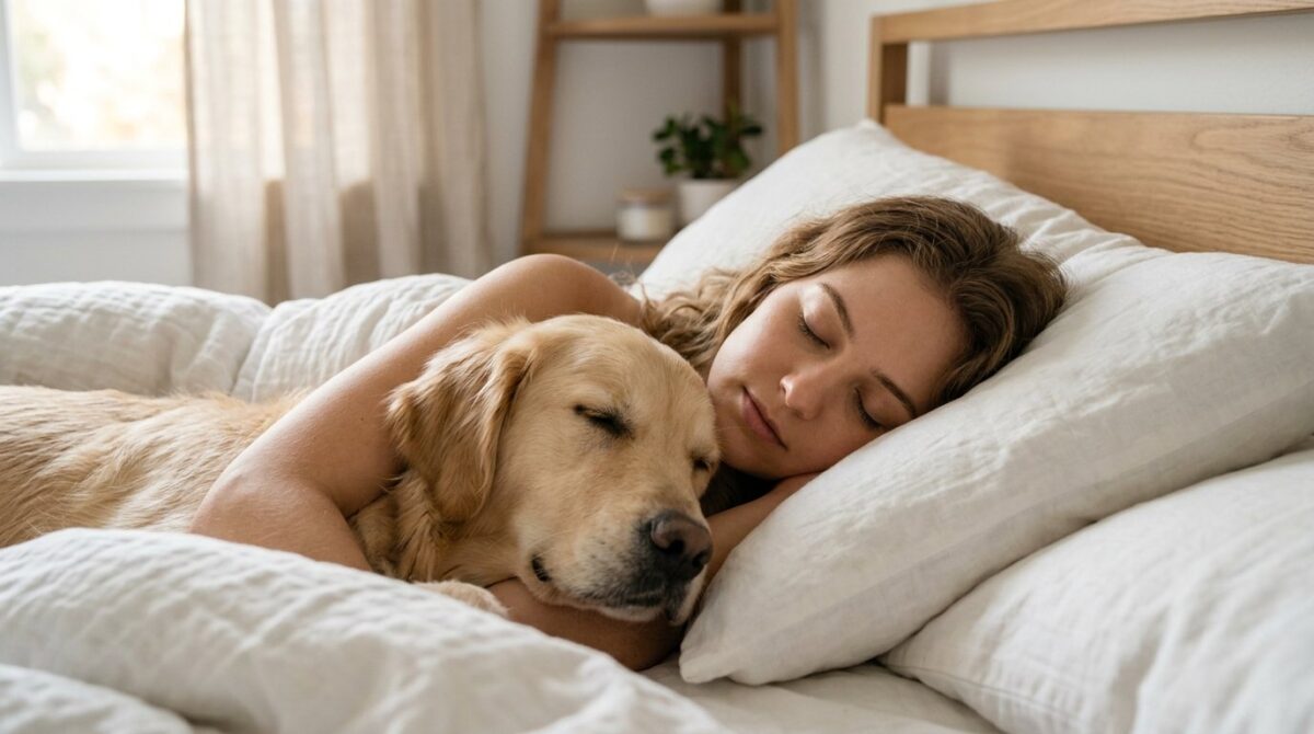 Mit seinem Tier schlafen, das ist eine Bindung ohne Urteil noch Leistungsdruck der erschöpfenden menschlichen Beziehungen wählen